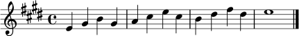 
\relative c' {
  \key e \major
  \time 4/4
  e4 gis b gis |
  a cis e cis |
  b dis fis dis |
  e1 \bar "|."
}
