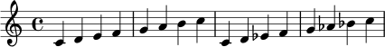 { c'4 d' e' f' g' a' b' c'' c' d' ees' f' g' aes' bes' c'' }