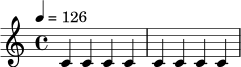 \version "2.24.0"
\relative c' {
\time 4/4
\tempo 4 = 126
c4 c c c | c4 c c c |
}