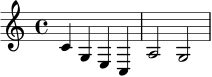 \relative c' { \clef treble \key c \major \time 4/4 c4 g e c | a'2 g | }