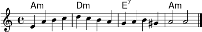 
\score {
  <<
    \new ChordNames \chordmode { a1:m d:m e:7 a:m }
    \new Staff \relative c' {
      \clef treble
      \key a \minor
      \time 4/4
      e4 a b c | d c b a | g a b gis | a2 a \bar "|."
    }
  >>
  \layout { }
  \midi { \tempo 4 = 86 }
}
