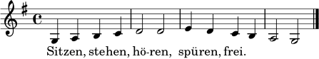 \relative c' {
\clef treble
\key g \major
\time 4/4
g4 a b c | d2 d | e4 d c b | a2 g \bar "|."
}
\addlyrics { Sit -- zen, ste -- hen, hö -- ren, spü -- ren, frei. }