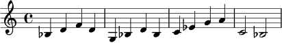 \relative c' {
\time 4/4
bes4 d f d | g, bes d bes |
c ees g a | c,2 bes2
}