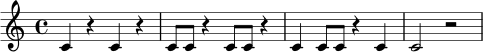 \relative c' { \time 4/4 \set Staff.midiInstrument = "woodblock" c4 r c r | c8 c r4 c8 c r4 | c4 c8 c r4 c | c2 r2 | }