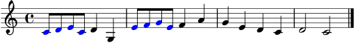 \version "2.24.4"
\header { tagline = ##f }
\score {
\new Staff \relative c' {
\clef treble
\key c \major
\time 4/4
\once \override NoteHead.color = #red c8
\once \override NoteHead.color = #red d
\once \override NoteHead.color = #red e
\once \override NoteHead.color = #red c
d4 g, |
\once \override NoteHead.color = #red e'8
\once \override NoteHead.color = #red f
\once \override NoteHead.color = #red g
\once \override NoteHead.color = #red e
f4 a |
g4 e d c |
d2 c \bar "|."
}
\layout { }
\midi { \tempo 4 = 104 }
}