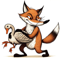 Fuchs du hast die Ganz gestolen - In a children's book illustration, a mischievous, cartoonish fox with exaggerated features and warm, muted earth tones is slyly carrying away a calm g.png