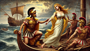 A dramatic depiction of the ancient Greek myth of Helena and Paris. The scene shows Paris, a handsome prince wearing a golden armor, reaching out to H.webp
