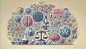 A symbolic wide image representing a learning course about the science and technology behind addictive substances like alcohol, THC, Tilidin, and LSD.webp