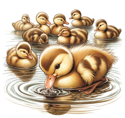 Alle meine Entschen- A charming group of fluffy ducklings swimming in a pond, depicted in a children's book illustration style. The central duckling dips its head playfull.png