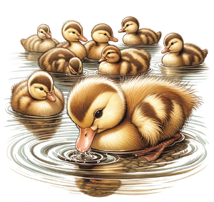 Alle meine Entschen- A charming group of fluffy ducklings swimming in a pond, depicted in a children's book illustration style. The central duckling dips its head playfull.png