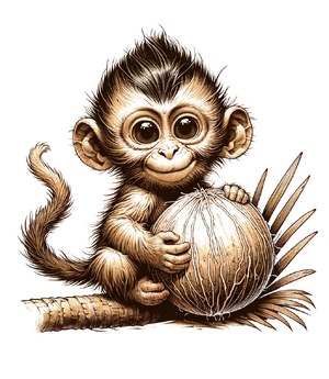 Affenbaby mit Kokosnuss - An infant monkey with exaggerated proportions and a friendly face is sitting on a palm branch, holding a coconut. The monkey's fur texture is soft and.png