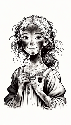 Achenputtel Drei Haselnüsse für Aschenbrödel A reimagined illustration of a beautiful fairy tale girl with a sooty face and dirty clothes for a children's book. Her face shows a gentle smile, and.png