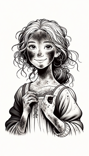 Achenputtel Drei Haselnüsse für Aschenbrödel A reimagined illustration of a beautiful fairy tale girl with a sooty face and dirty clothes for a children's book. Her face shows a gentle smile, and.png