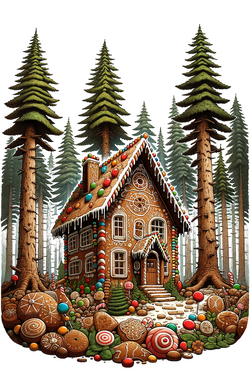 Hexenhaus Hänsel - A delicious gingerbread house in a forest, viewed from a low perspective (worm's eye view), emphasizing the grandeur and detail of the house against t Kopie.png