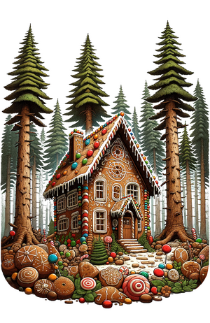 Hexenhaus Hänsel - A delicious gingerbread house in a forest, viewed from a low perspective (worm's eye view), emphasizing the grandeur and detail of the house against t Kopie.png