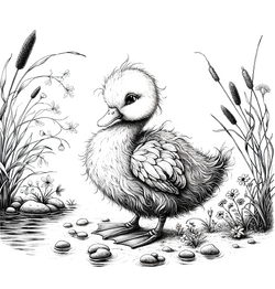 Das hässliche Entlein - In a detailed, loving style suitable for children's books, depict the Ugly Duckling from the well-known fairy tale. The duckling is standing alone at.png