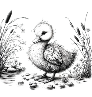 Das hässliche Entlein - In a detailed, loving style suitable for children's books, depict the Ugly Duckling from the well-known fairy tale. The duckling is standing alone at.png