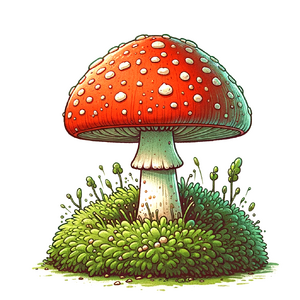 Fliegenpilz - A single, whimsical fly agaric mushroom (Fliegenpilz) with exaggerated, cartoonish proportions, prominently placed on a bed of lush green moss. The mu Kopie.png