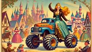 DALL·E 2024-11-17 14.27.58 - A retro-style 1940s children's book illustration depicting Princess Susi, an adventurous and rebellious princess, riding a colorful monster truck thro.webp