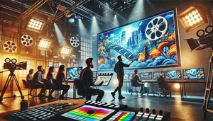 A cinematic scene showcasing a modern film production set a director examines a detailed storyboard in front of a large monitor displaying vibrant mo.webp