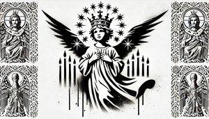 Banksy Christmas StreetArt 34.17 - A street art stencil-style depiction of a Christkind figure, portrayed as a youthful angelic character with a crown of candles and flowing robes, in h.webp