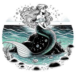 Die kleine Meerjungfrau - A reimagined illustration of The Little Mermaid for a children's book. The character sits gracefully on a rock in the sea, her tail glittering in the.png