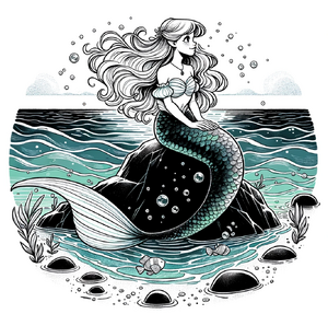 Die kleine Meerjungfrau - A reimagined illustration of The Little Mermaid for a children's book. The character sits gracefully on a rock in the sea, her tail glittering in the.png