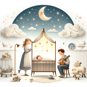 Liedlernen 13.17.18 - Create an illustration with a white background and freestanding elements, in the style of the provided image, for the German children's song 'Schlaf, .webp
