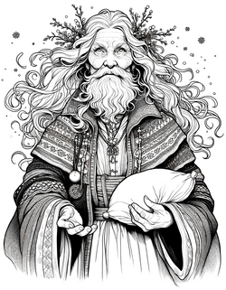 Frau Holle - A reimagined illustration of Mother Hulda (Frau Holle) for a children's book. She stands powerfully and wisely in her magical realm, her hair white as.png