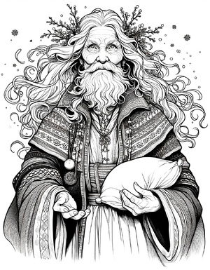 Frau Holle - A reimagined illustration of Mother Hulda (Frau Holle) for a children's book. She stands powerfully and wisely in her magical realm, her hair white as.png