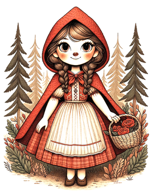 Rotkäppchen A detailed and textured illustration of Little Red Riding Hood standing in the middle of the image, surrounded by a serene forest. She is wearing her.png