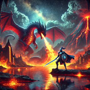 A mystical scene of a brave knight in shiny diamond armor standing before a gigantic fiery dragon near a glowing lava lake surrounded by volcanic moun.webp